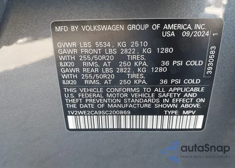 2025 Volkswagen Atlas Cross Sport 2.0T Se W/Technology from USA, damaged, VIN 1V2WE2CA9SC200869